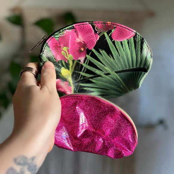 Makeup Bag Set - Pink Glitter & Floral Orchid Print Cosmetic Pouches 2 Piece Set - Picture 2 of 8
